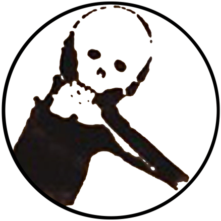 A stylized illustration of a ghostly figure with a skull-like head and outstretched arms, set within a circular frame.