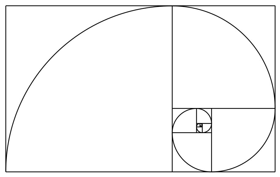 A diagram illustrating the Fibonacci sequence, featuring a spiral and rectangular layout with intricate curves and squares.