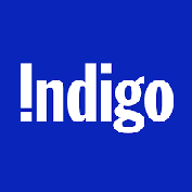 Logo of Indigo on a blue background featuring stylized text with an exclamation mark.