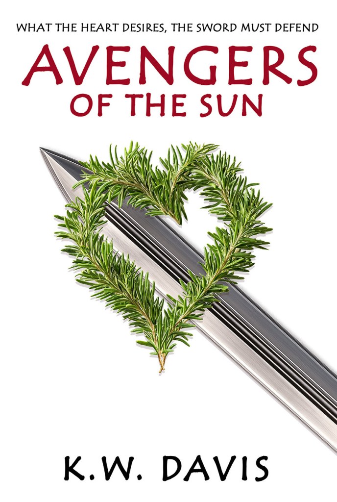 Avengers of the Sun cover: a sword in a heart-shaped wreath of rosemary.